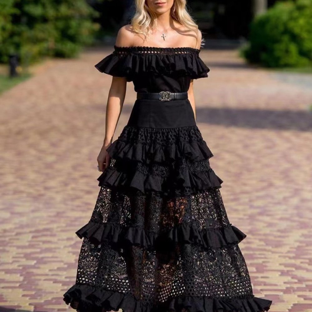 Dress Frilled Lace Spring and Summer New European and American Dress Women's Party, Black