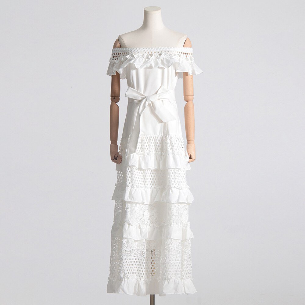 Dress Frilled Lace Spring and Summer New European and American Dress Women's Party,White