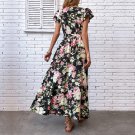 Mid length Split V-neck Fragmented Flower Ruffle Sleeve Dress