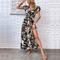 Mid length Split V-neck Fragmented Flower Ruffle Sleeve Dress