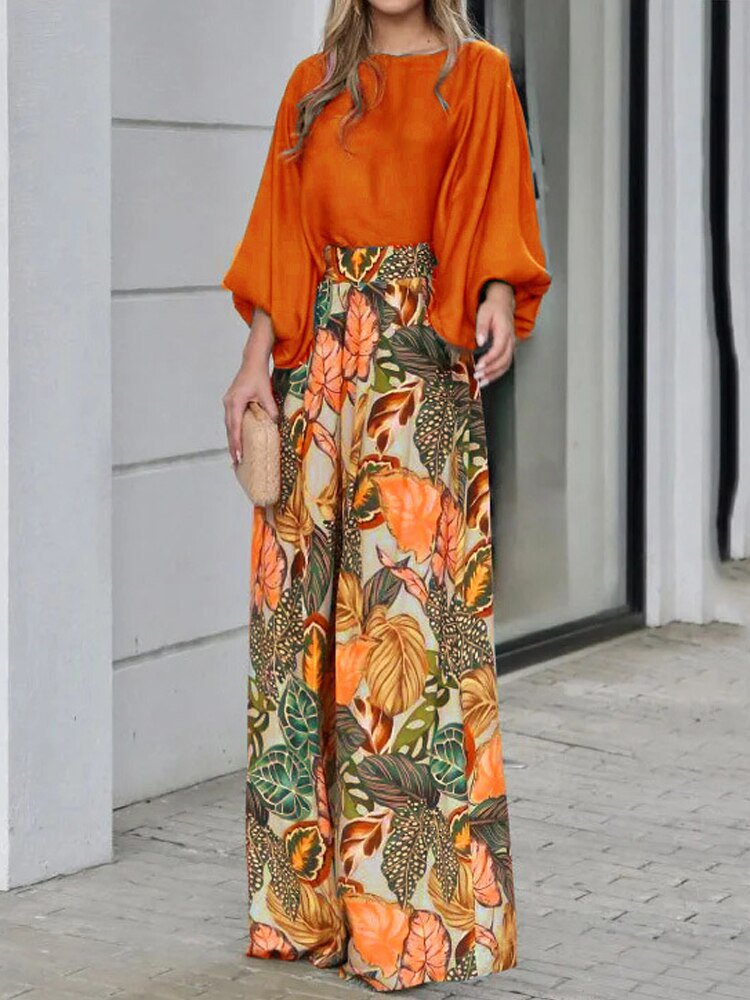 Summer New Women's Set Loose Lantern Sleeve T-shirt Top Printed Wide Leg Pants Two Piece Set