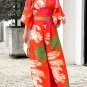 Print Casual Suit V-neck Lantern Sleeve Short Top High Waist Wide Leg Pants Two Piece Set