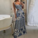 Maxi Dress Retro Printed Hollow Out V Neck Sleeveless Suspender V Neck Backless Loose Beach Dresses