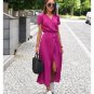 Short Sleeve Lace-up Long Dress Temperament Casual Waist V Neck Print Slit Vestidos