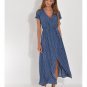 Short Sleeve Lace-up Long Dress Temperament Casual Waist V Neck Print Slit Vestidos