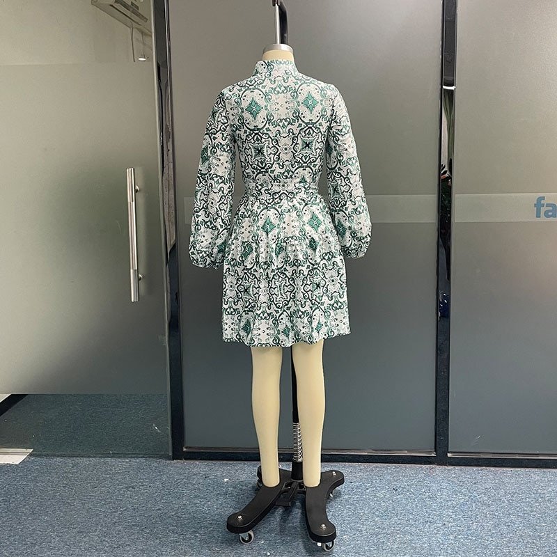 Dress Chic Printed Long Lantern Sleeve Lapel Nipped Waist Office Holiday Dresses