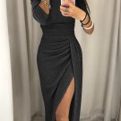 Sleeve Bodycon Evening Party Long Dress Asymmetrical Split Pencil Dresses S M L XL XXL
