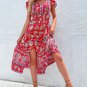 Printed Vestidos Women Short Sleeves V Neck Slit Midi Dresses A Line Bohemian Summer Beach Dress