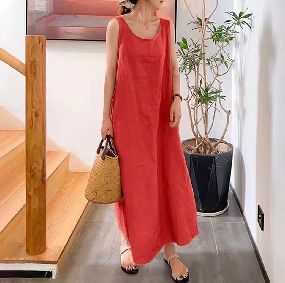 Loose Dress Cotton Linen Pocket Round Neck Sleeveless Dress Women