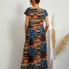 Women Summer Casual Dresses Fashion Style Short Sleeve Print O-neck Fold with Pockets