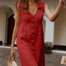 Linen Oversize Women's Long Dress Black V-neck Button Pockets Loose Pants Female Casual
