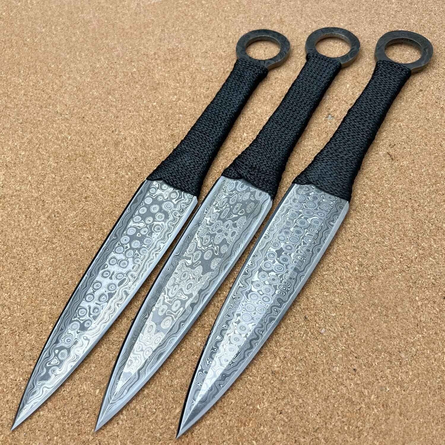 Kunai Throwing Knives -Hand Made Damascus (12 Inches) &acirc;�� Set of 3 w/ Leather Case .