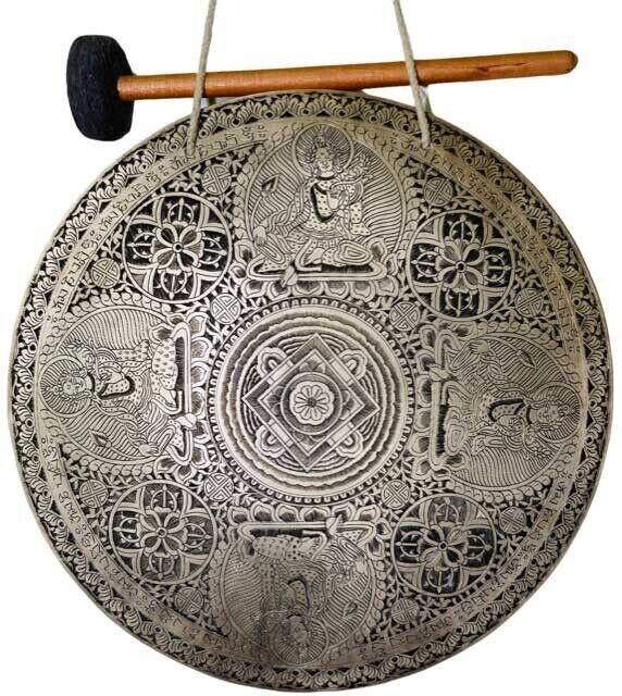 Hand Carved Tibetan Gong  with Mallet - Female Buddha Tara &acirc;�� 18" .