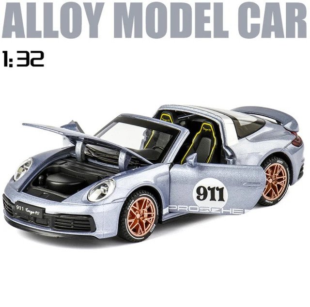 RCY 1:32 New 911 Targa 4S Convertible Sports grey Car Diecast Sound Super Racing