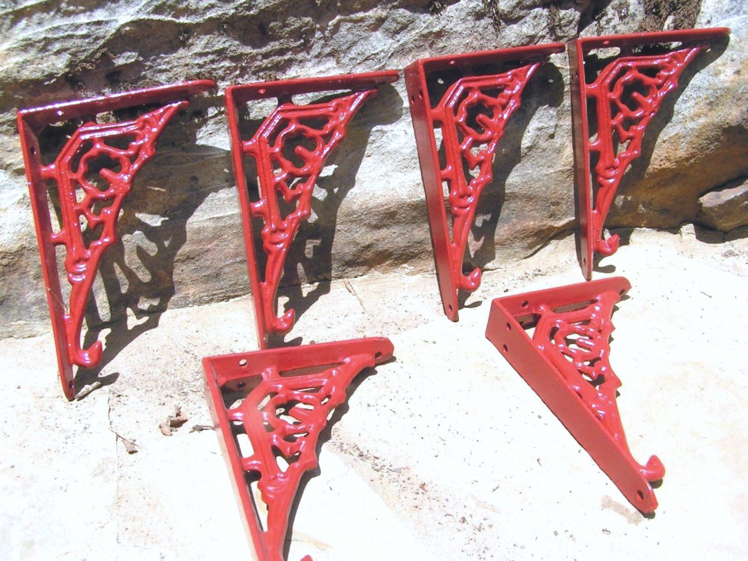 Six Cast Iron RED Braces Tiny Small Bracket Corbels 6 ec