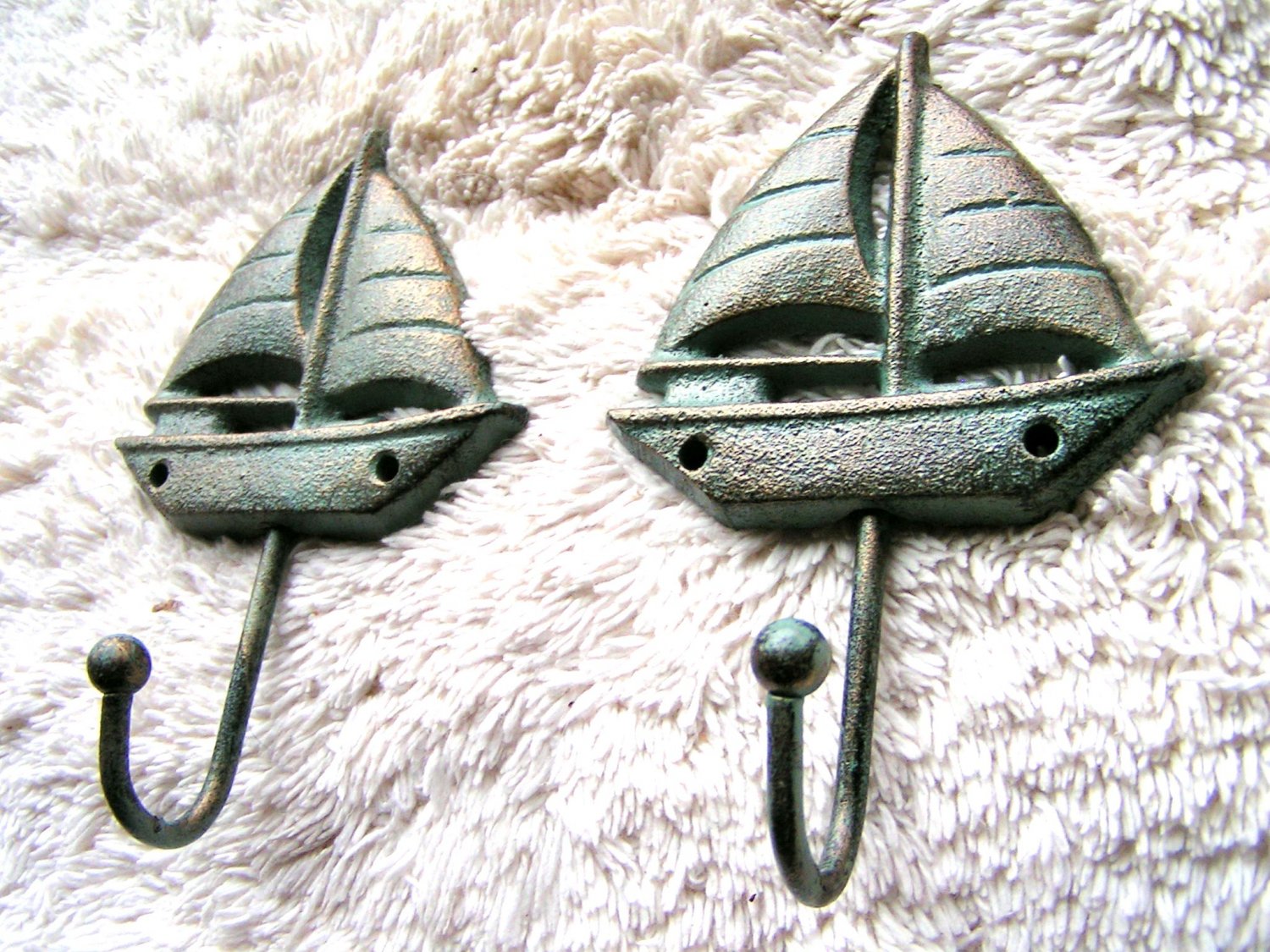TWO Cast Iron Sailboat Hooks, Hat, Key Rack, Indoor Outdoor Garden or Bath ec