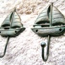 TWO Cast Iron Sailboat Hooks, Hat, Key Rack, Indoor Outdoor Garden or Bath ec