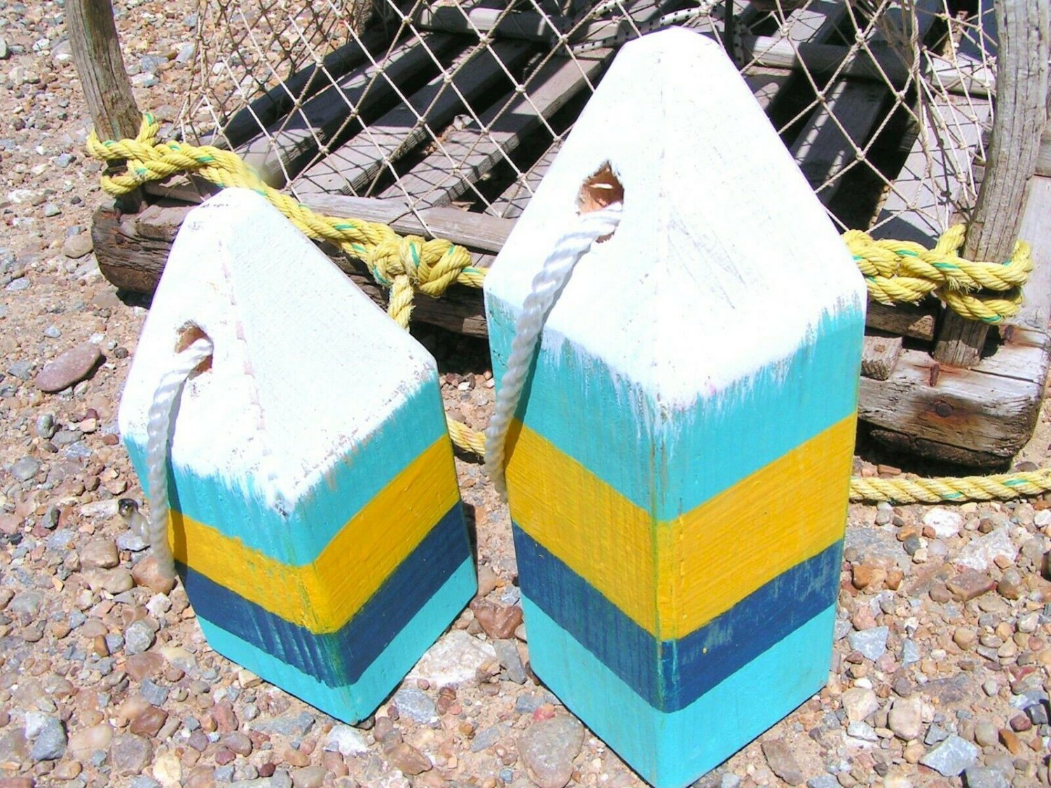 2 Maine Lobster buoys, Nautical Decor, Wooden Decorative Fishing Buoys ec