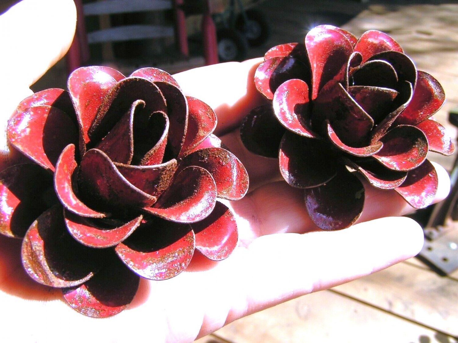 TWO Large metal Red Roses, flowers for embellishments, accents, iron art ec