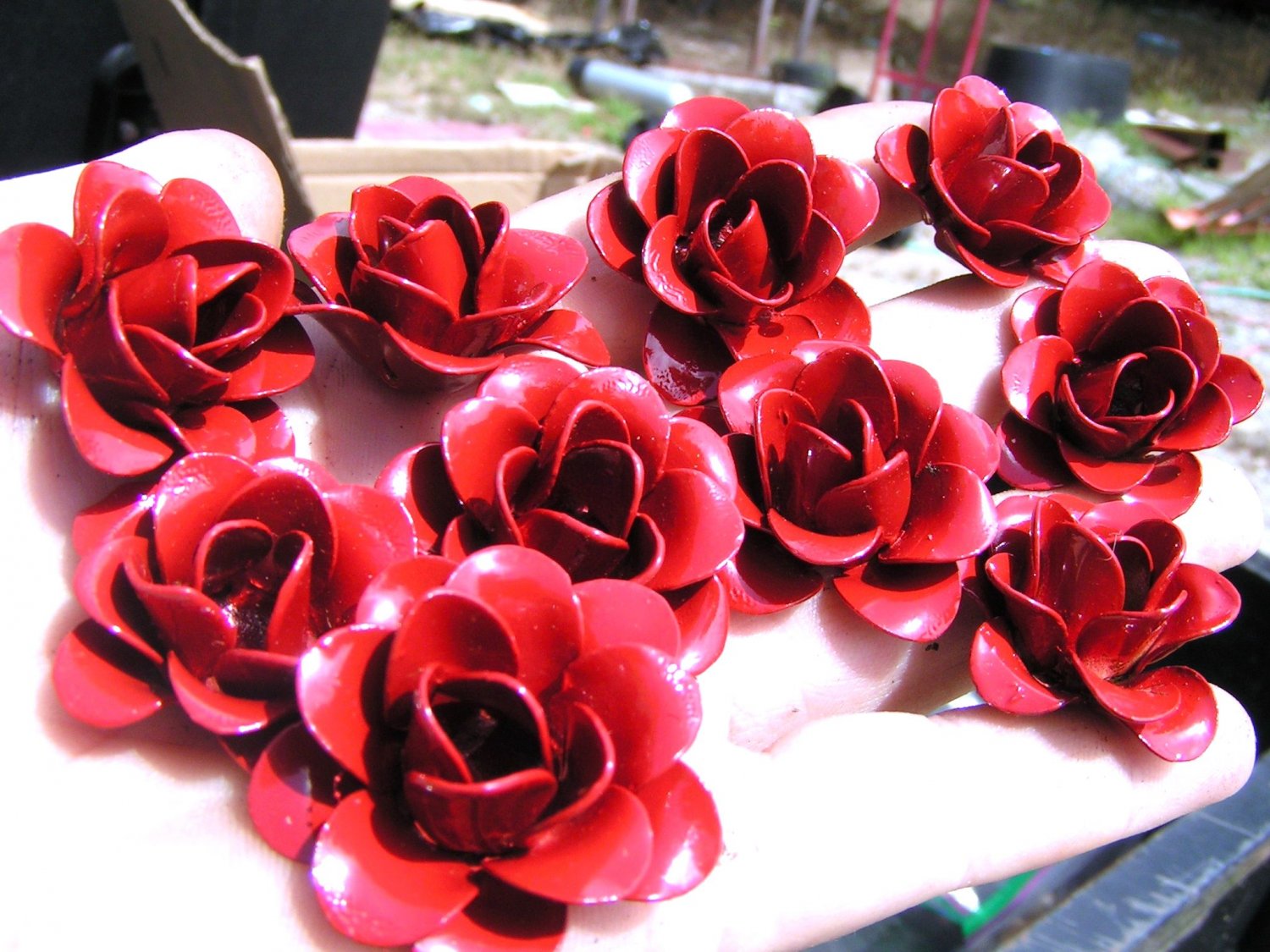 10 metal Red rose flowers for accents, embellishments, crafting, woodworking, arrangements