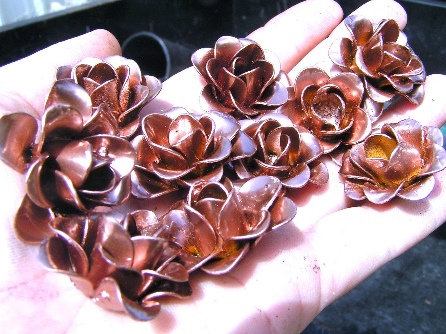 10 metal shiny copper colored roses flowers for accents, embellishments, crafting, arrangements