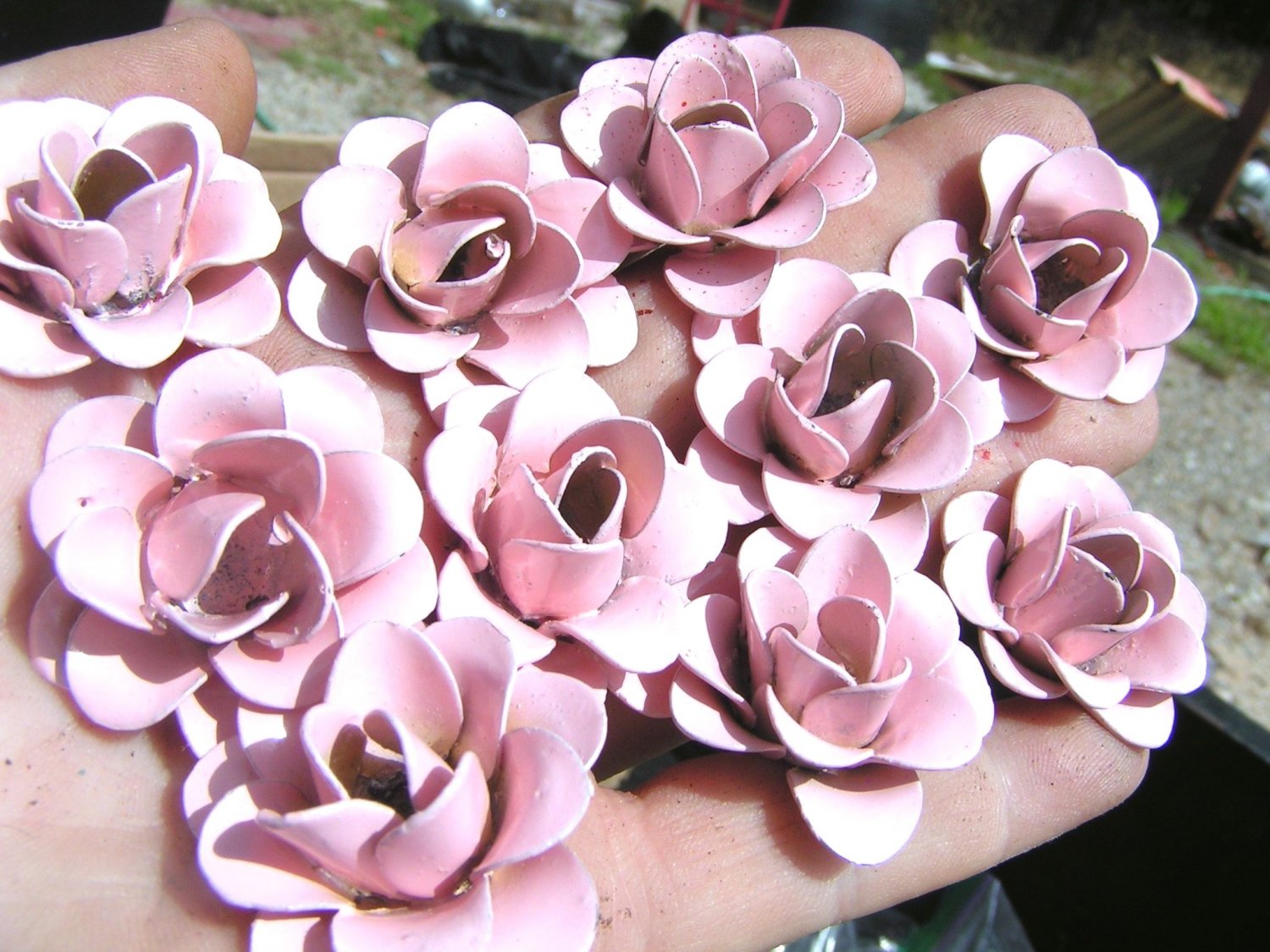 10 metal Pink roses flowers for accents, embellishments, crafting, woodworking, arrangements