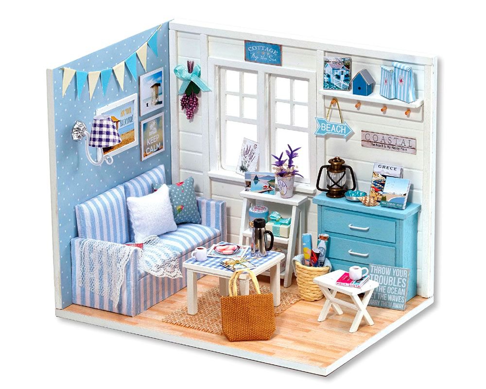 Dollhouse Miniature Room Box Kits Furniture LED Light, Doll House Kit