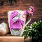 Set of spoon and cup with teddy bear made of polymer clay. Handmade sculpting.