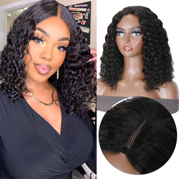 Mid Length Wigs - Water Wave Bob - V Part -Human Hair - Glueless - Minimal or No Leave Out