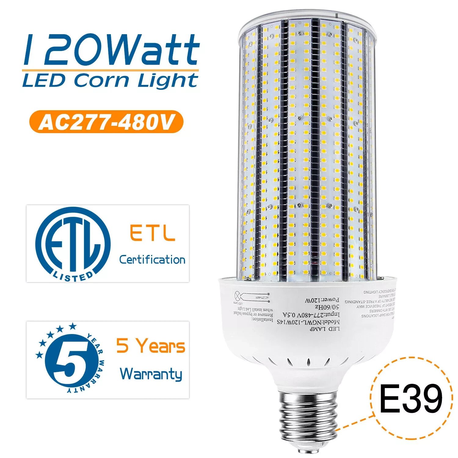480V LED Corn Cob Light Bulb 120W Equiv 400W HPS/MH Warehouse Factory Lamp 6000K