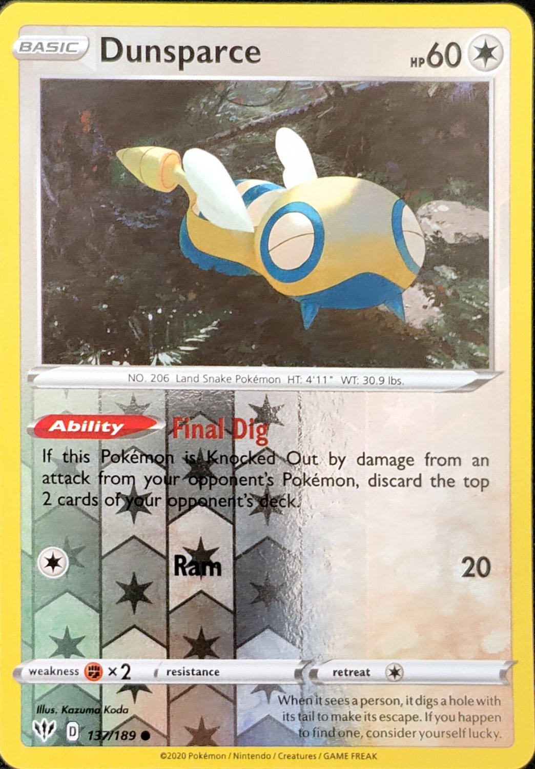Dunsparce Reverse Holo 137/189 Darkness Ablaze Pokemon Card