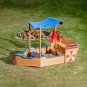 Outsunny Pirate Ship Sandbox with Cover and Rudder, Wooden Sandbox with Storage Bench and Seat