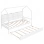 Wooden Twin Size House Bed with Trundle,Kids Bed with Shelf, White