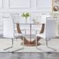 A modern minimalist circular tempered glass dining table with a diameter of 48 inches. Glass desktop