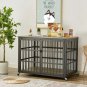 Furniture style dog crate wrought iron frame door with side openings, Grey.