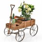 Wooden Wagon Plant Bed with Metal Wheels for Garden Yard Patio-Blue