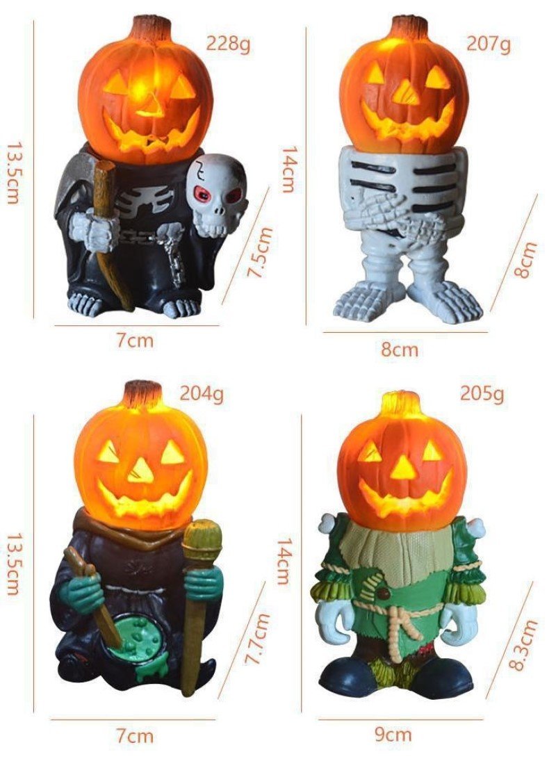 Halloween Luminous Pumpkin Knight Ghost Statue Glowing Pumpkin Head Resin Sculpture Ornaments