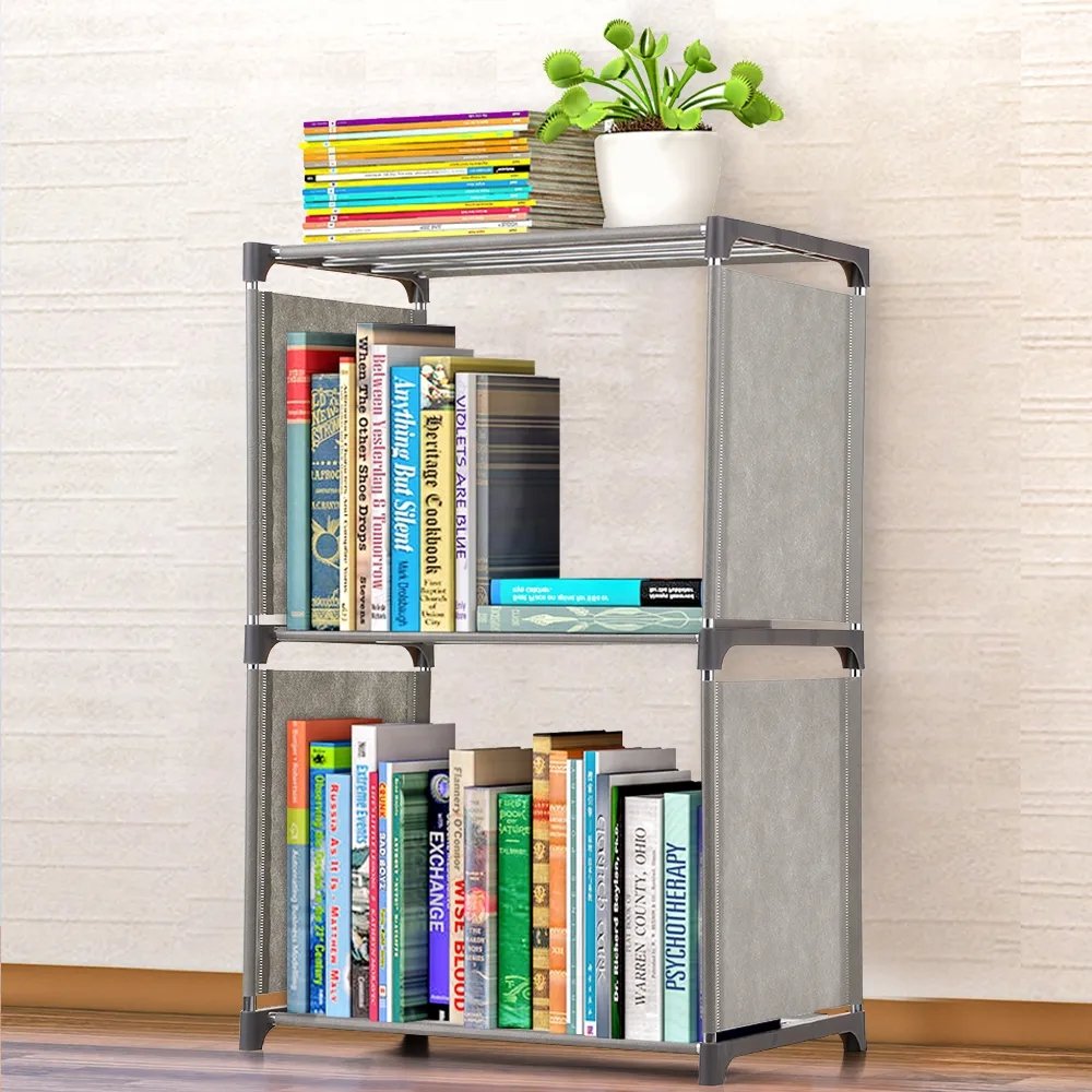 Bookcase Book Shelves Bookshelf Storage Bin Books Display  Folding Rack 3 floors gray