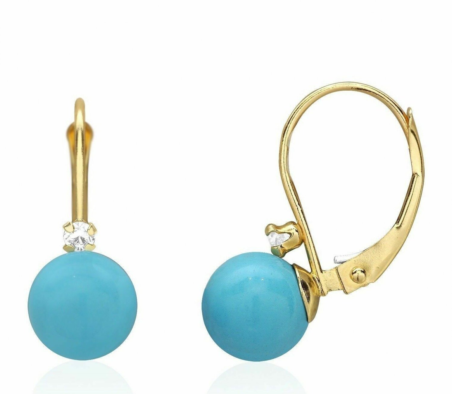 14K Solid Yellow Gold Turquoise Dangle Ball Earrings