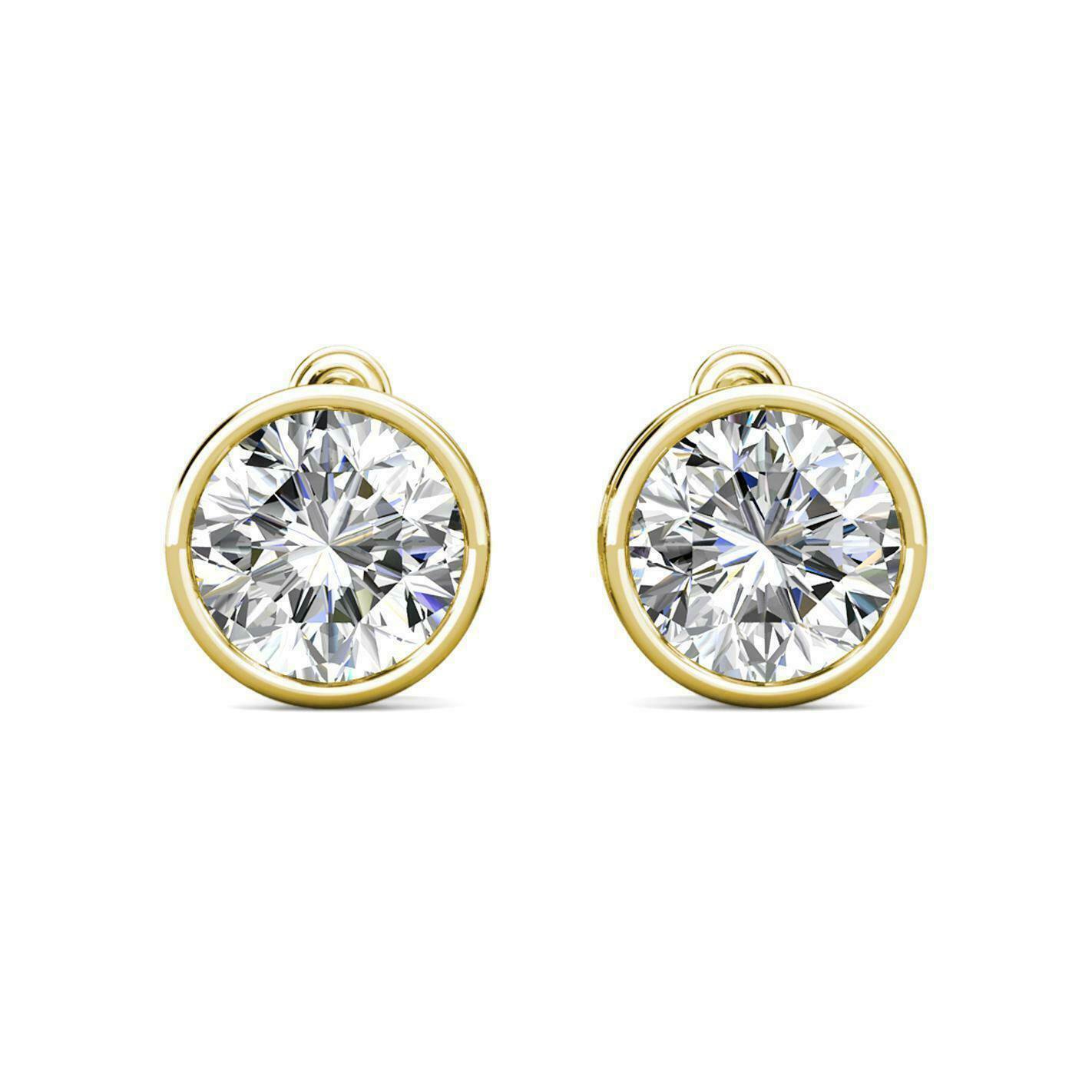2Ct Created Diamond 14k Yellow Gold Bezel Round Screw Back Stud Earrings 6mm ***