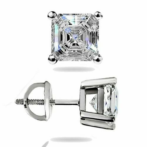 14K White Gold 1.60 CARAT Asscher Cut Lab Diamond Screw Back Stud Earrings