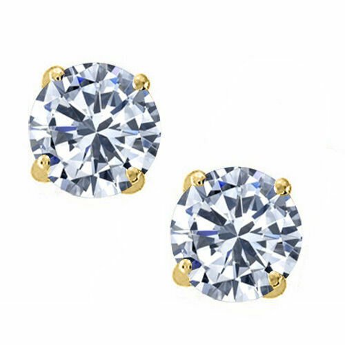 14K Solid Yellow Gold White Sapphire Round Stud w/ Screw Back Stud Earrings