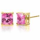 14K SOLID YELLOW GOLD 3.60 CARAT 7MM PRINCESS CUT PINK SAPPHIRE STUD EARRINGS