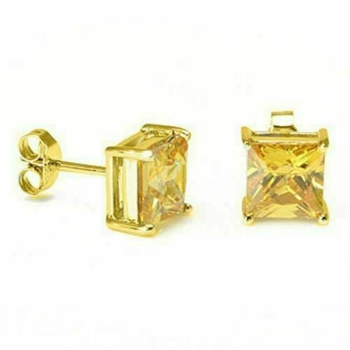 14K Yellow Gold 3.60 CARAT 7MM Canary Square Princess Cut Stud Earrings