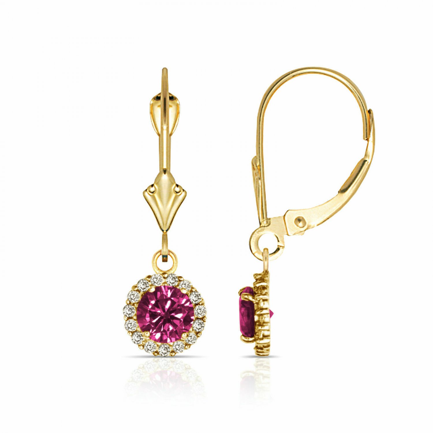 14K Yellow Gold 1.25 CTW Round Halo Ruby Drop Dangle Lever Back Earrings
