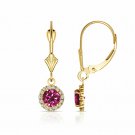 14K Yellow Gold 1.25 CTW Round Halo Ruby Drop Dangle Lever Back Earrings