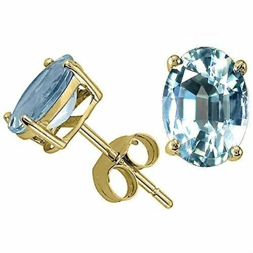 14K SOLID YELLOW GOLD 1.00 CARAT 6X4MM AQUAMARINE PUSH BACK STUD EARRINGS