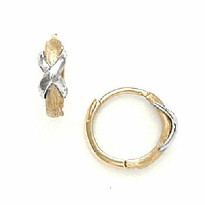 14K Solid Two Tone Italian Gold Women/Children's  Huggies with X Hoop Earrings