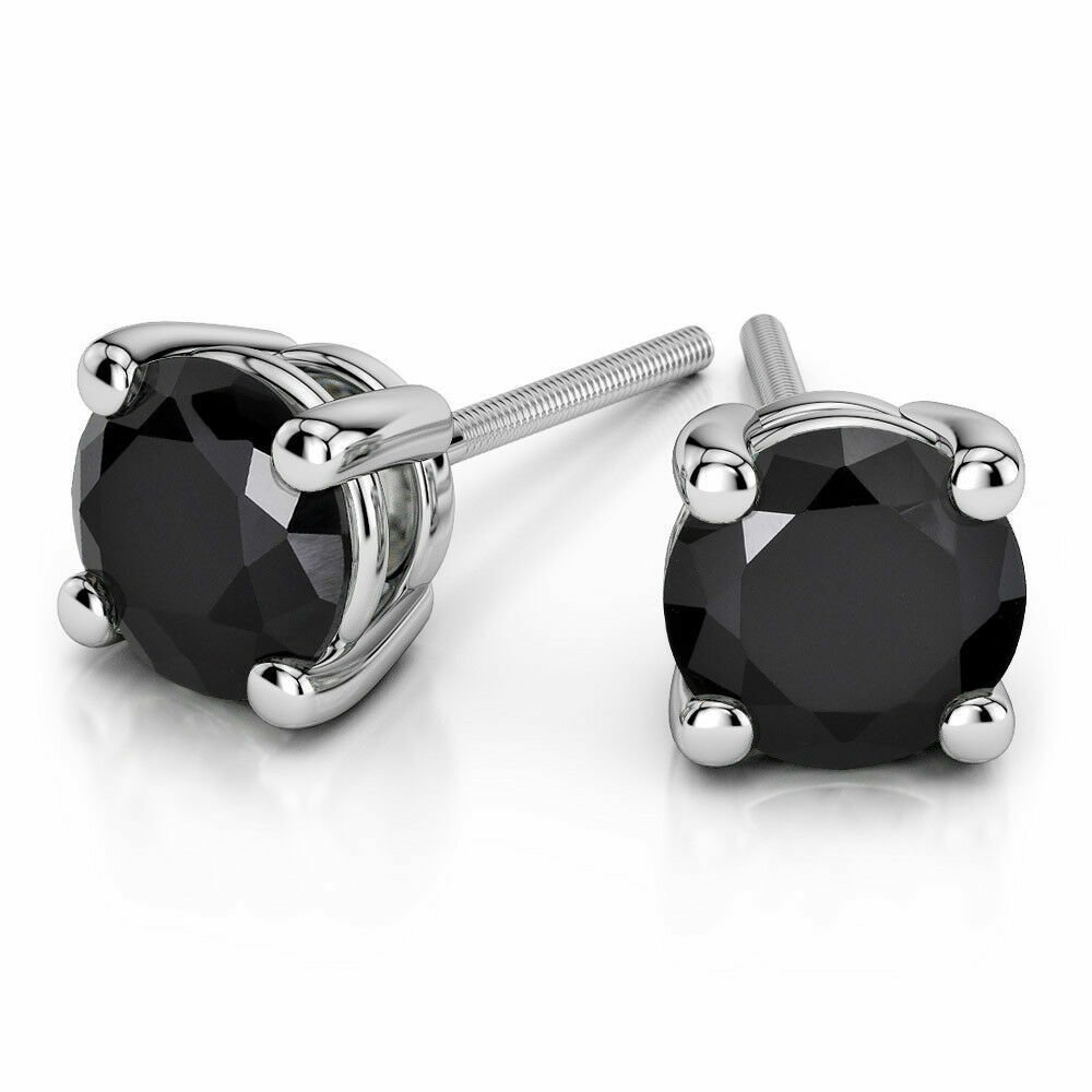 14K White Gold 3.00 CARAT Round Black Diamond Studs Earrings