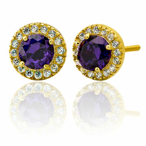 14K Yellow Gold 2.39 CT Women's Elegant Halo Round Dark Amethyst Stud Earrings